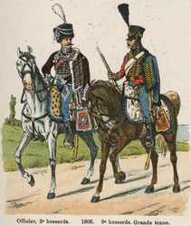 Húsares 1er vendimiario Año XII (24 de septiembre de 1803): Oficial, 2º húsares y 9º húsares en gran uniforme en 1806. Lámina del libro Les Uniforms de l