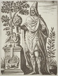 Retrato ideal de Apolonio de Tiana, de De Divinationewet Magicis Praestigiis por Jean-Jacques Boissard, 1605, publicado en A History of Magic a finales del siglo XIX