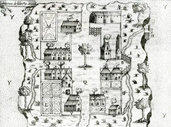 Ile Ste. Croix, el primer asentamiento francés en Acadia, 1604, de Viajes de Samuel de Champlain, 1613