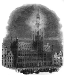 Iluminación del Ayuntamiento de Bruselas el 26 de septiembre de 1864 con motivo del aniversario de los combates que liberaron a Bélgica del dominio neerlandés. A partir de un boceto de M.D.A. Grabado en «El Universo Ilustrado».