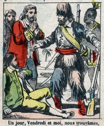 Ilustración para el libro de Daniel Defoe "Robinson Crusoe". Imagen de Épinal de finales del siglo XIX.