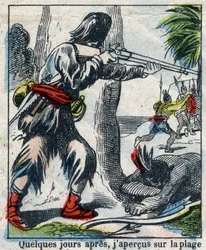 Ilustración para el libro de Daniel Defoe "Robinson Crusoe". Imágenes de Épinal finales del siglo XIX.
