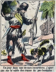 Ilustración para el libro de Daniel Defoe "Robinson Crusoe". Imágenes de Épinal finales del siglo XIX.