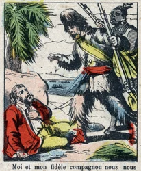 Ilustración para el libro de Daniel Defoe “Robinson Crusoe”. Imagen de Epinal de finales del siglo XIX.
