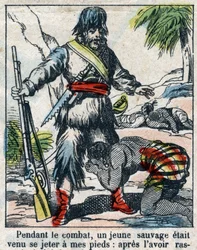 Ilustración para el libro de Daniel Defoe “Robinson Crusoe”. Imagen de Epinal de finales del siglo XIX.