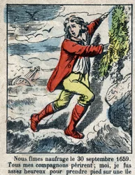 Ilustración para el libro de Daniel Defoe "Robinson Crusoe". Imagen de Épinal de finales del siglo XIX.
