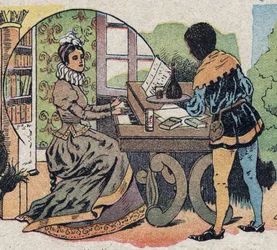 Ilustración para el cuento “La Bella y la Bestia”: estaba rodeada de atenciones. Grabado de Quinn, circa 1890.