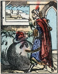 Ilustración de los cuentos de Las mil y una noches. Alí-Babá. Grabado en madera de Imaging Pellerin - Epinal, finales del siglo XIX.