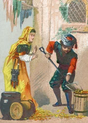Ilustración para los Cuentos de las Mil y Una Noches. Alí-Babá (Ali Baba) carga sus burros dorados y regresa a casa. Cromolitografía alrededor de 1890.