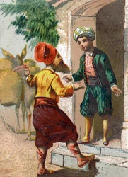 Ilustración para los Cuentos de las Mil y Una Noches. El capitán, disfrazado de comerciante de aceite y seguido por 19 mulas cargadas cada una con dos grandes jarrones, pide la hospitalidad de Alí-Babá (Ali Baba). Cromolitografía alrededor de 1890.