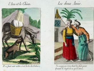Ilustración para las fábulas de Jean de la Fontaine (1621-1695): a la izquierda “El burro y el perro” a la derecha “Los dos amigos” Grabado del siglo XIX. Museo La Fontaine, Chateau Thierry