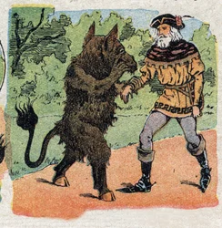 Ilustración para el cuento “La Bella y la Bestia”: la Bestia le pide al comerciante, que acaba de recoger una rosa, su vida o la de una de sus hijas. Grabado de Quinn, circa 1890.
