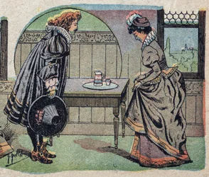 Ilustración para el cuento “La Bella y la Bestia”: la bestia se convirtió en un príncipe más hermoso. Grabado de Quinn imagery, circa 1890.
