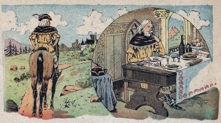 Ilustración para el cuento "La Bella y la Bestia": el comerciante se perdió en el bosque - después entró en un comedor. Grabado de Quinn, circa 1890.