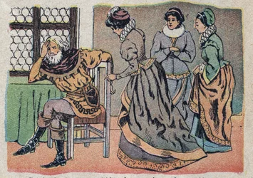 Ilustración para el cuento “La Bella y la Bestia”: el comerciante perdido en el dolor. Grabado de Quinn, circa 1890.