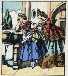 Ilustración del cuento de Charles Perrault "Cenicienta o La zapatilla de cristal". Grabado en madera de Imaging Pellerin - Epinal, sd. Finales del siglo XIX.