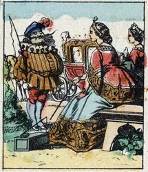 Ilustración del cuento de Charles Perrault "Cenicienta o La zapatilla de cristal". Grabado en madera de Imaging Pellerin - Epinal, sd. Finales del siglo XIX.