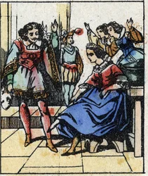 Ilustración del cuento de Charles Perrault "Cenicienta o El zapatito de cristal". Grabado en madera de Imaging Pellerin - Epinal, finales del siglo XIX.