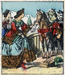 Ilustración del cuento de Charles Perrault "Cenicienta o La zapatilla de cristal". Grabado en madera de Imaginería Pellerin - Epinal, finales del siglo XIX.