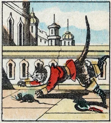 Ilustración del cuento de Charles Perrault "El gato con botas". Grabado en madera de Imaging Pellerin - Epinal, finales del siglo XIX.