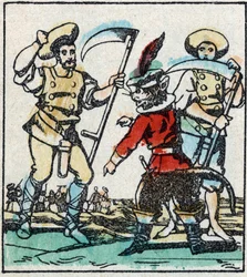 Ilustración del cuento de Charles Perrault "El gato con botas". Grabado en madera de Imaging Pellerin - Epinal, finales del siglo XIX.
