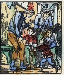 Ilustración del cuento "Pulgarcito" de Charles Perrault. Grabado en madera de Imaging Pellerin - Epinal, finales del siglo XIX.