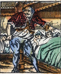 Ilustración del cuento "Pulgarcito" de Charles Perrault. Grabado en madera de Imaging Pellerin - Epinal, finales del siglo XIX.