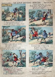 Ilustración de la fábula de Jean de la Fontaine (1621-1695): el lobo se convirtió en pastor. Imagen de Épinal de finales del siglo XIX.