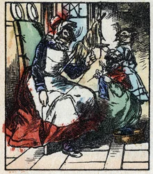 Ilustración del cuento "Raminagrobis y los ratones" Grabado en madera de Imaging Pellerin - Epinal, sd. Finales del siglo XIX.