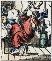 Ilustración del cuento “Raminagrobis y los ratones” Grabado en madera de Imaging Pellerin - Épinal, s.d. Finales del siglo XIX.