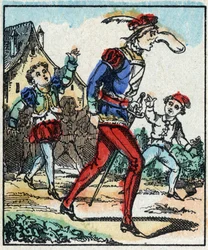 Ilustración del cuento "Las aventuras de Grand Flandrin" Grabado en madera de Imaging Pellerin - Epinal, sd. Finales del siglo XIX.