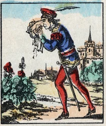 Ilustración del cuento "Las aventuras de Grand Flandrin". Grabado en madera de Imaging Pellerin - Epinal, finales del siglo XIX.
