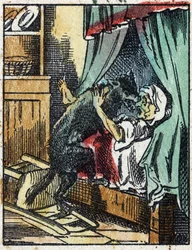 Ilustración del cuento "Caperucita Roja" de Charles Perrault. Grabado en madera de Imaging Pellerin - Epinal, sd. Finales del siglo XIX.