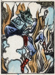 Ilustración del cuento "El lobo, la cabra y los siete cabritillos". Grabado en madera de Imaging Pellerin - Epinal, sd. Finales del siglo XIX.