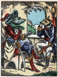 Ilustración del cuento "El lobo, la cabra y los siete cabritos" Grabado en madera de Imaging Pellerin - Epinal, sd. Finales del siglo XIX.