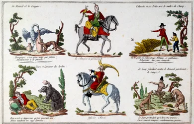 Placa de ilustración para las fábulas de Jean de La Fontaine: el zorro y la cigüeña, el chino caminando, el oso y el amante del jardín, el oficial chino. Grabado
