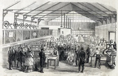 La emperatriz Eugenia y el Príncipe Imperial visitan el Banco de Francia, 23 de junio de 1866 - impresión de billetes - grabado en Le MONDE Illustre DU 07/07/1866