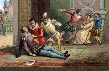 En 1589, el monje Jacques Clément asesinó al rey Enrique III de una puñalada después de haberle hecho leer una carta. El rey murió en los brazos de Enrique de Navarra. Cromolitografía hacia 1890.