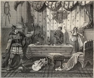 En 978 Lotario (941-986), Rey de los Francos, entró en el palacio de Otón II del Sacro Imperio (955-983) y su esposa Teófano en Aquisgrán, pero la familia imperial logró capturarlo. Ilustración en "París a través del siglo".