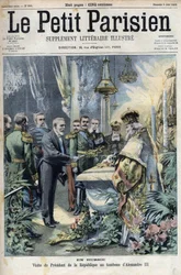 En Rusia: visita del Presidente Émile Loubet (1838-1929) a la tumba de Alejandro III (1845-1894), Emperador de Rusia, en "Le Petit Parisien"