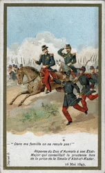 En mi familia no retrocedemos!. Respuesta del Duque de Aumale a su Estado Mayor que aconsejaba precaución al tomar la smala (smalah) de Abd el Kader (Abd El-Kader) el 16 de mayo de 1843. Cromolitografía del siglo XIX.
