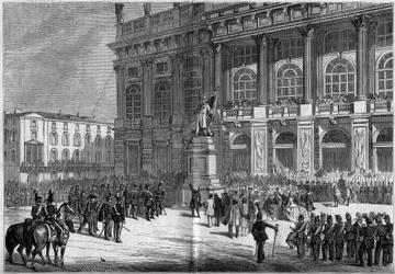 Inauguración del monumento sardo por Vincenzo Vela (1820-1891), en la Plaza del Castillo en Turín (Italia) el 10 de abril de 1859. Detrás de la estatua está el "Palazzo Madama". Basado en los bocetos del Sr. Ferry. Grabado en "Le Monde Illustré" n°106 del 