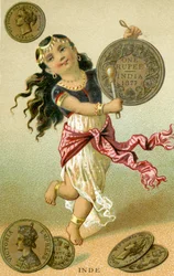 Bailarín indio tocando un tambor de rupias, de una serie de tarjetas promocionales sobre monedas en diferentes países, publicada en París por Baster & Vieillemard para uso del productor de chocolate, Chocolat Ible