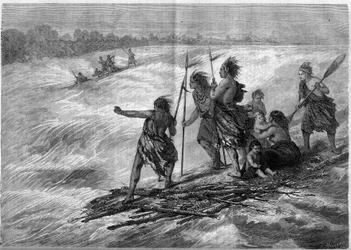 Indios de Canadá, parados en ramas de árboles unidas, descendiendo los rápidos de Long Sault en el río San Lorenzo
