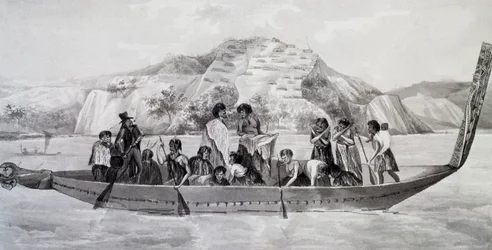 Indígenas neozelandeses en piragua con aldea fortificada al fondo, 10 de abril