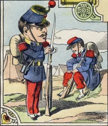 Línea de infantería. Grabado en "Alfabeto Militar Cómico". Quinta serie. Imagen de Epinal, finales del siglo XIX