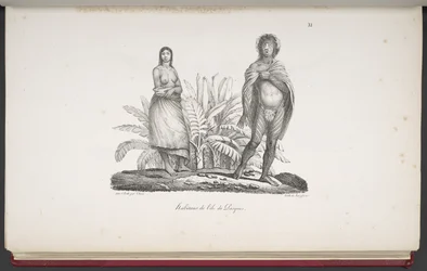 Habitantes de la isla de Pascua, de Un viaje pintoresco alrededor del mundo, con retratos de salvajes de América, Asia, África y las islas del Gran Océano; paisajes, vistas al mar y varios objetos de historia natural; acompañado por d