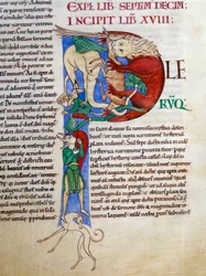 Inicial P (lettrine): levadura del diablo boca del infierno. Miniatura del manuscrito "Moralia en Job", Morales sur Job de San Gregorio, de la abadía de Citeaux