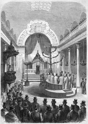 Instalación del rabino jefe de la conscripción de Burdeos, en la sinagoga de la ciudad en 1864. Grabado del boceto del Sr. Duffet.