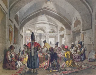 Interior de un caravanserai en Persia, mediados del siglo XIX